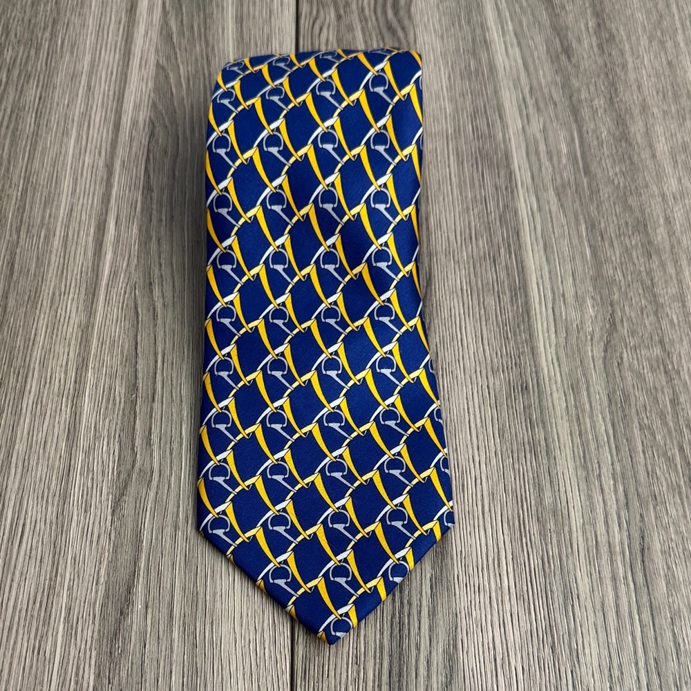 Fendi Cravatte 100% Silk Tie Made in Italy Navy Yellow Geometric